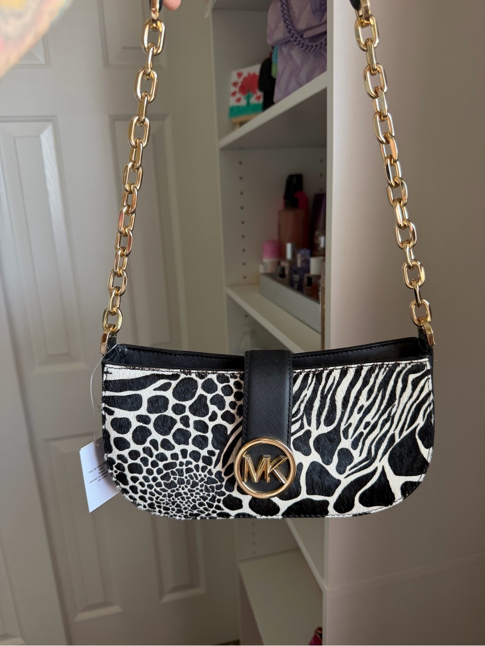 Michael Kors Black & White Animal-Print Mini Shoulder Bag with Gold Chain